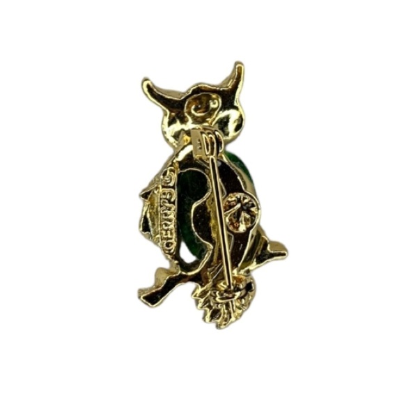 Gerry Jelly Belly Goldtone Owl Pin Faux Jade Owl Brooch Signed - Picture 3 of 6